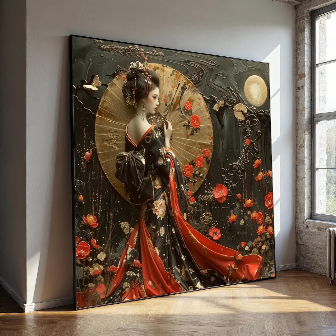 Elegant Geisha With Umbrella Canvas Painting – Japanese Woman Wall Art ...