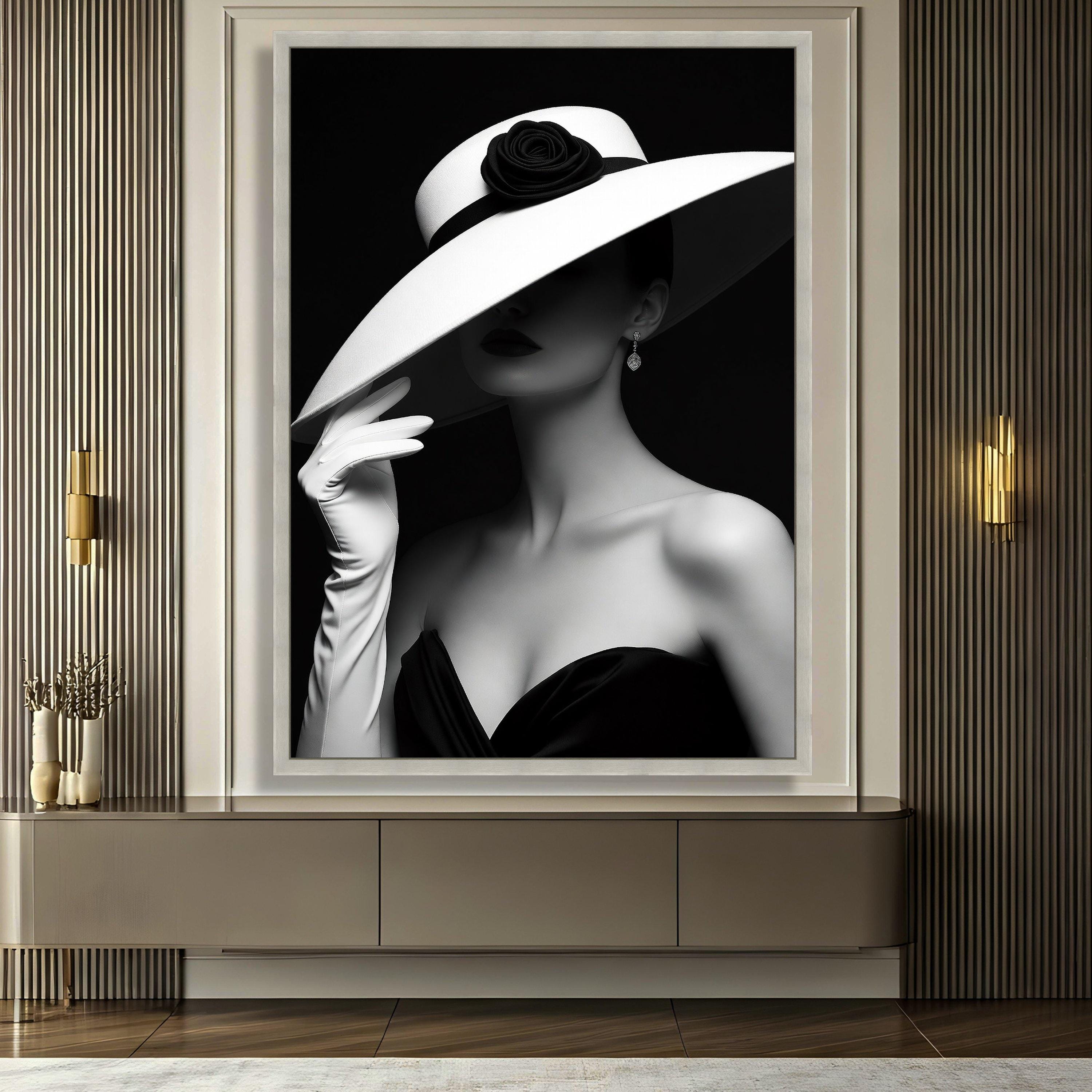 Elegant Woman in White Hat Canvas Wall Art, Black and White Fashion ...