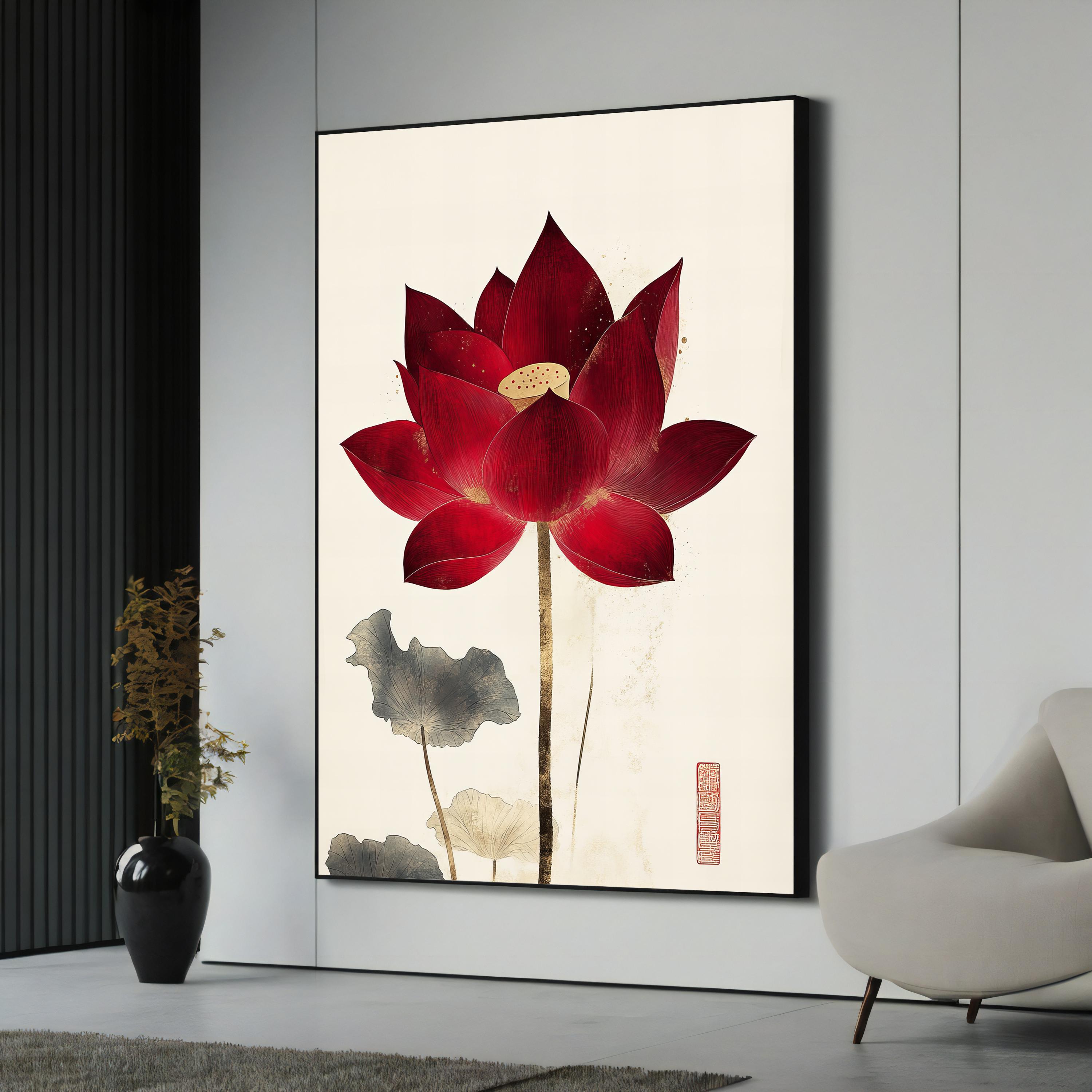 Red Lotus Flower Canvas Painting with Gold Oriental Touch | Large Zen Wall Art Gift for Home or Meditation Space