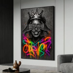 Banksy Crown Smile Graffiti - Peinture sur toile éclatante, prête à accrocher, cadeau street art audacieux pour une décoration d&#39;intérieur moderne