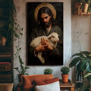 May include: A painting of a man holding a white lamb in his arms. The man is wearing a dark robe and has a halo above his head. The background is dark and the painting has a soft, warm glow.