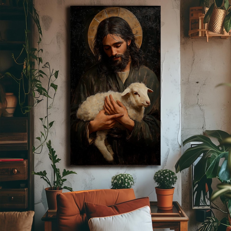 May include: A painting of a man holding a white lamb in his arms. The man is wearing a dark robe and has a halo above his head. The background is dark and the painting has a soft, warm glow.