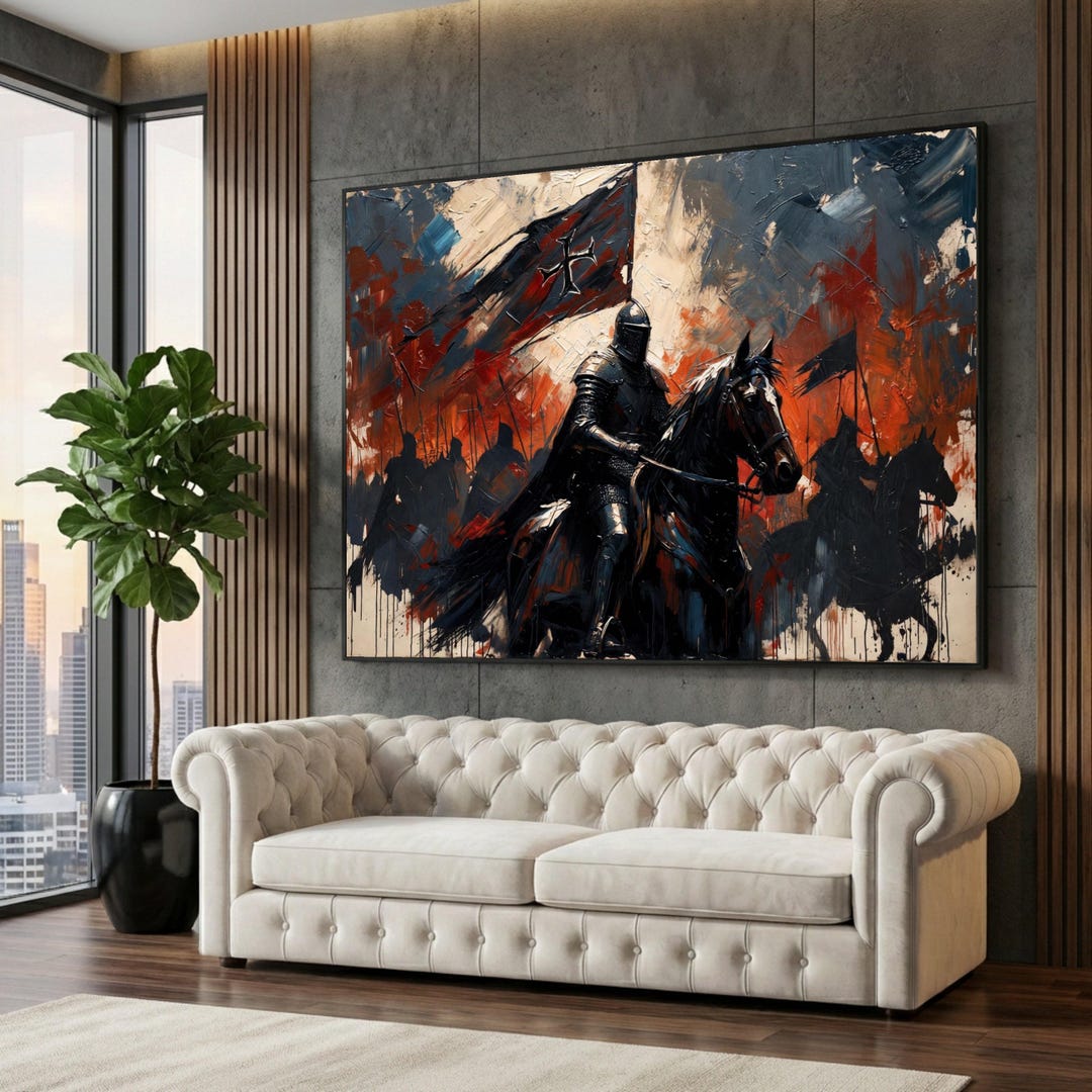 Medieval Knight on Horseback Canvas Wall Art, Dark Battle Scene ...