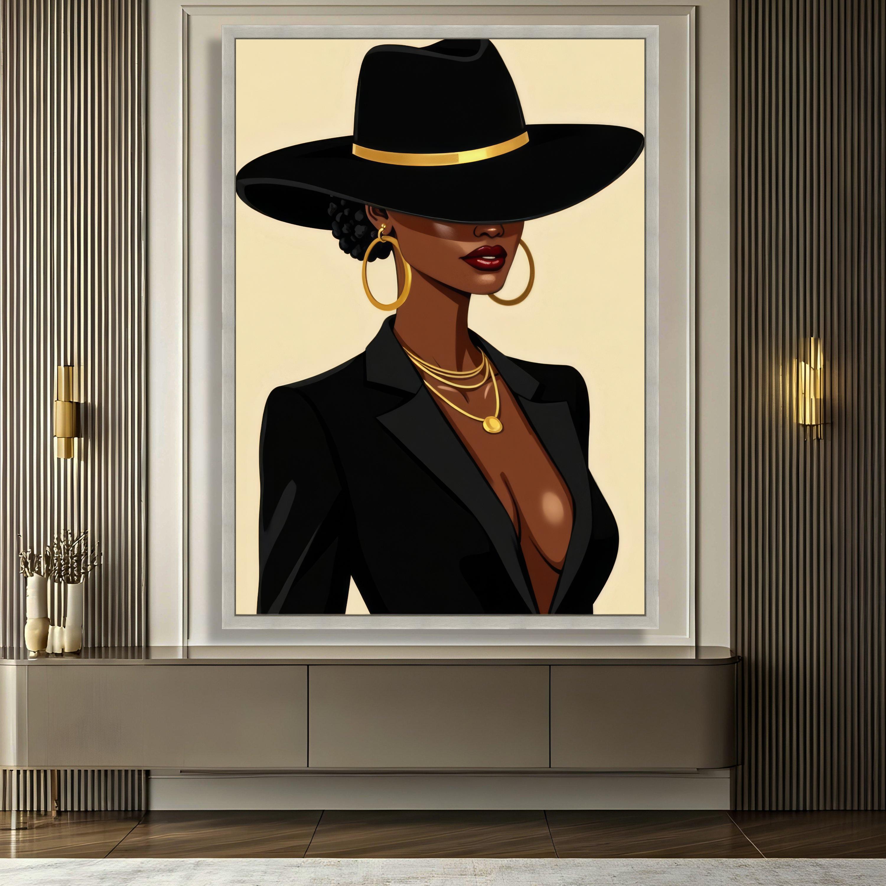 Elegant Black Fedora Hat Woman Portrait Canvas, Fashion Wall Art, Gold ...