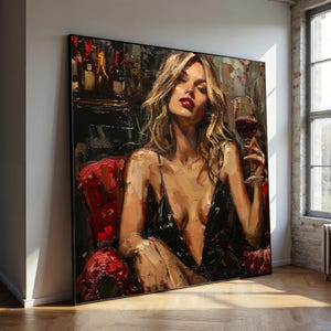 Sensual Woman Canvas Painting in Wine Bar – Bold Modern Art, Ready to Hang, Gift for Lounge Decor & Glamour Art Lovers
