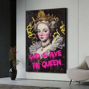 Modern Graffiti Art Baroque Princess Portrait - &#39;God Save the Queen&#39; Canvas Painting Gift for Street Art and Royalty Lovers