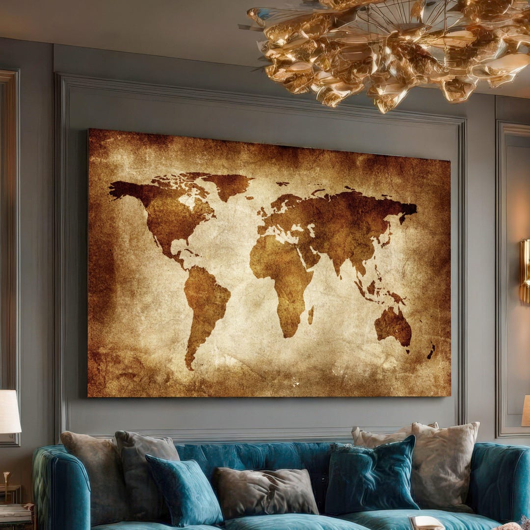 Vintage World Map Canvas, Antique Globe Wall Art, Brown Travel Map ...