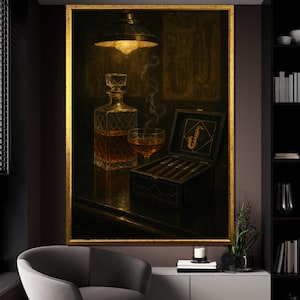 Whiskey and Cigar Jazz Canvas Painting – Dark Lounge Wall Art for Men’s Bar or Office, Ready to Hang, Gift for Cigar or Music Lovers