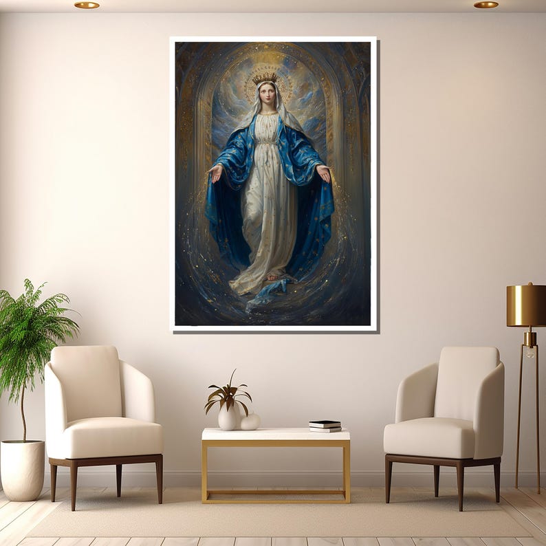 Virgin Mary Canvas Painting – Sacred Christian Wall Art in Blue and ...