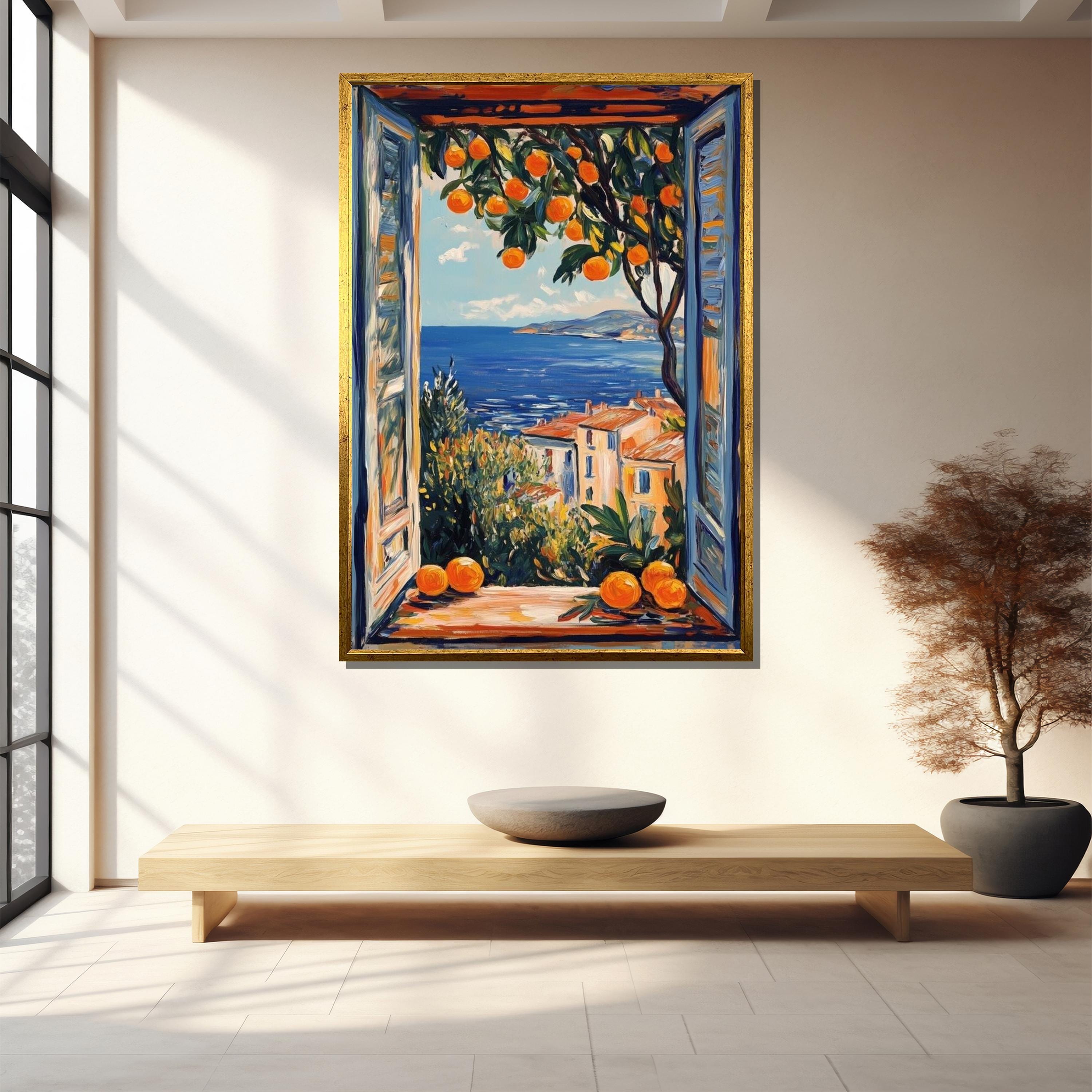 Mediterranean View Canvas Painting – Vibrant Coastal Window Art for ...