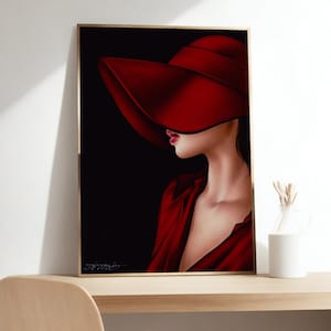 Impression sur toile femme élégante au chapeau rouge, oeuvre d'art murale fashionista, décoration d'intérieur élégante, cadeau pour amateur de mode