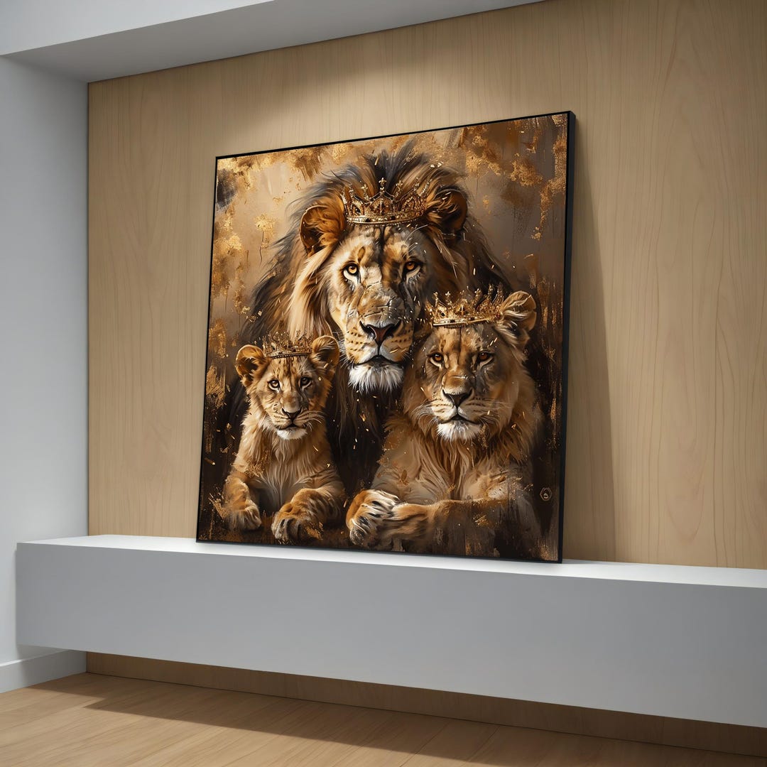 Royal Lion Family Canvas Painting - Majestic Lions With Gold Crowns ...