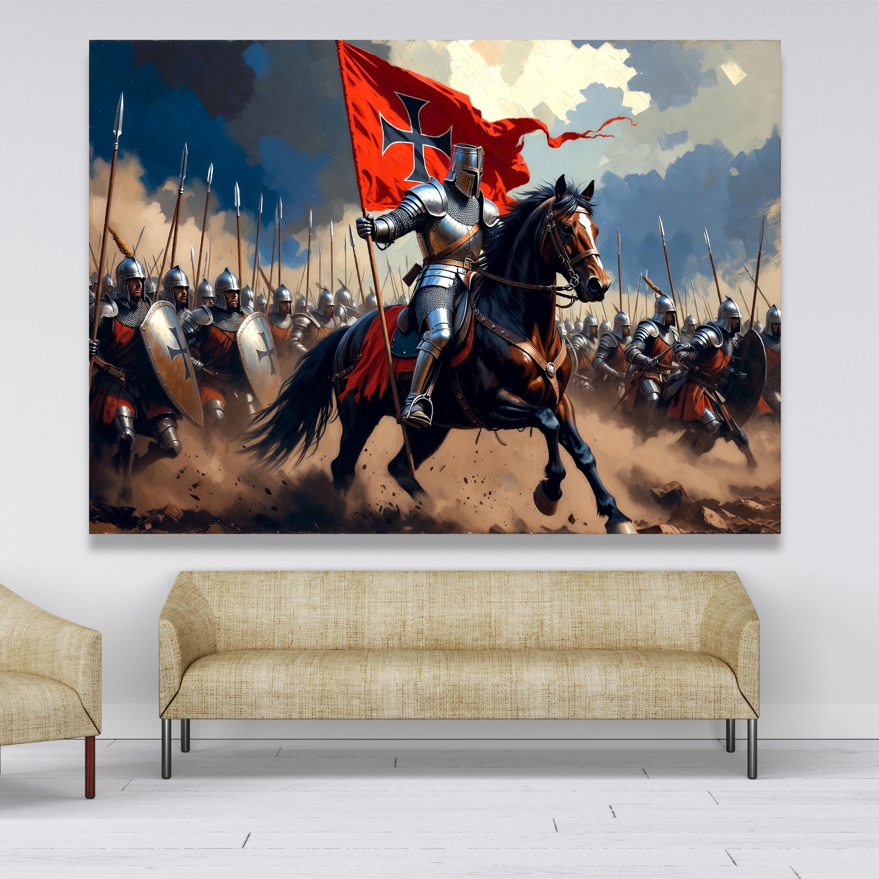 Knight on Horseback With Red Flag, Medieval Battle Scene Canvas Wall ...