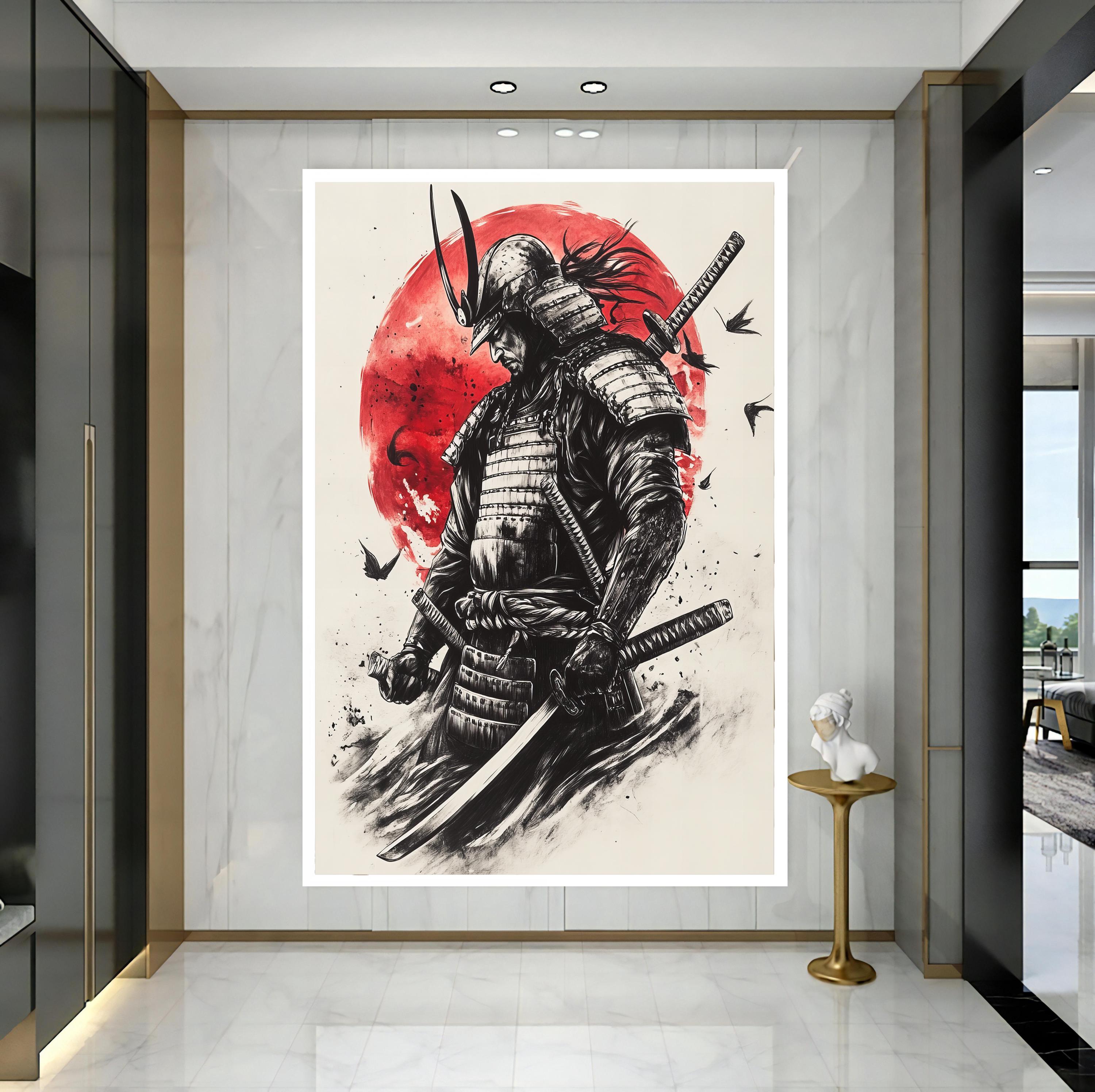 Japanese Samurai Canvas Painting | Epic Red Sun Warrior Wall Art ...