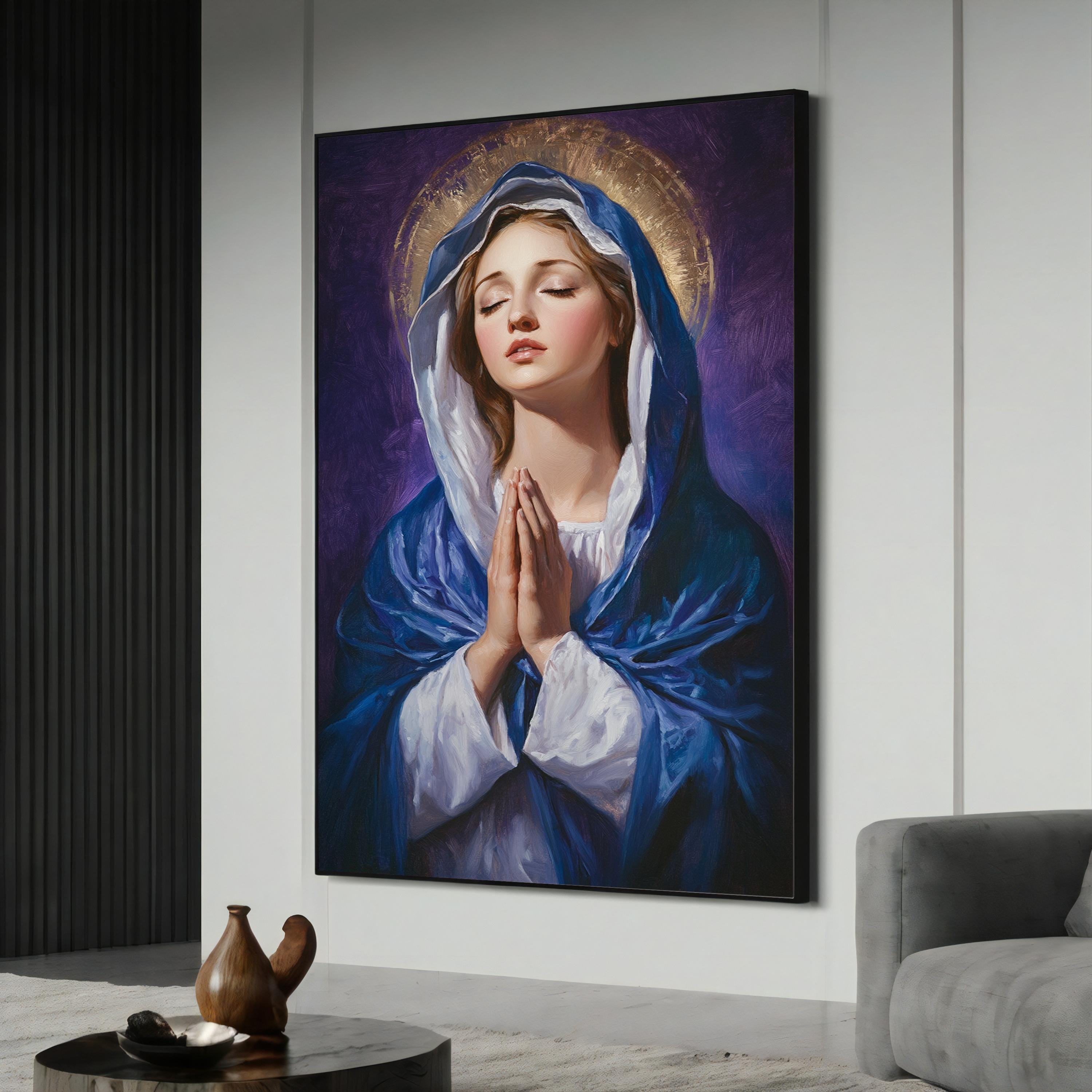 Virgin Mary Canvas Painting, Catholic Wall Art, Holy Mother Artwork, Religious Home Decor, Marian Prayer Print, Spiritual Gift
