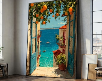 Orange Tree Sea View Canvas Painting - Ready to Hang Wall Art for Kitchen, Mediterranean Window Scene, Coastal Gift for Summer Decor