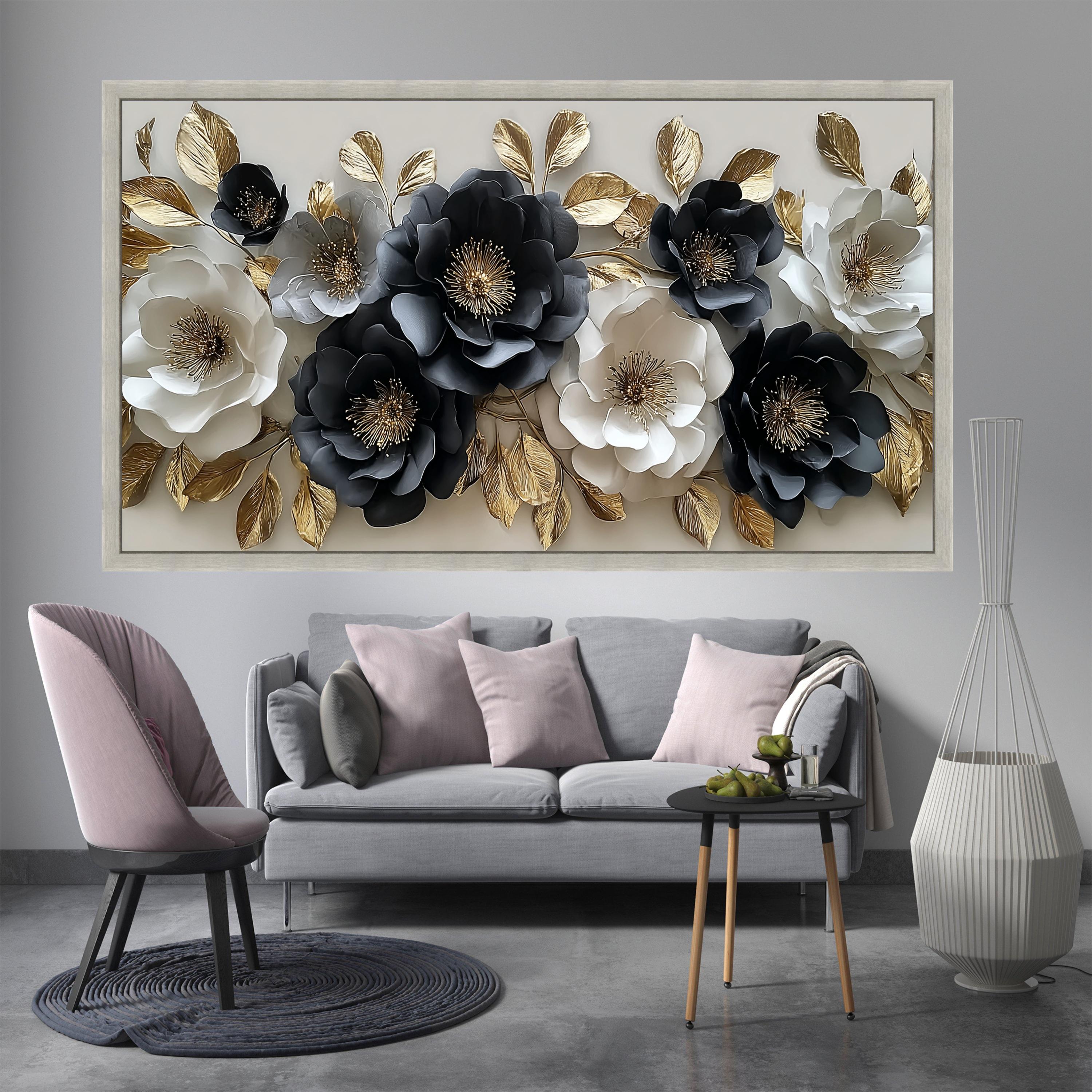 Elegant Black and White Floral Canvas Wall Art, Gold Leaf Accent ...