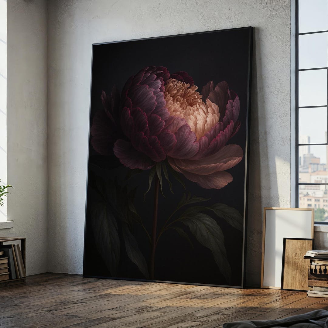 Dark Floral Peony Canvas Wall Art, Large Botanical Flower Painting ...