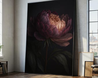 Donkere bloemen pioenroos canvas muurkunst, grote botanische bloem schilderij print, moderne luxe woondecoratie
