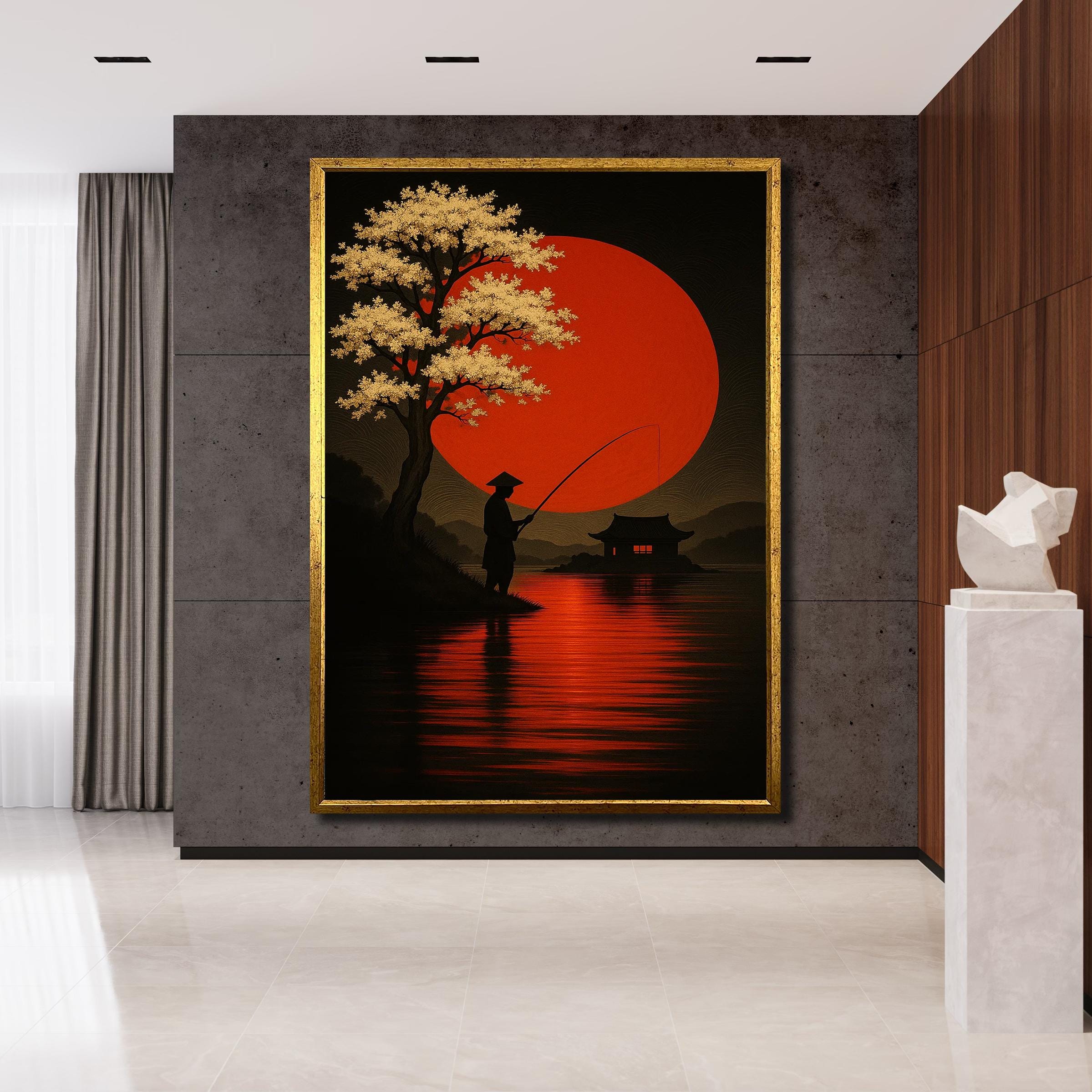 Japanese Fisherman Canvas Painting – Red Sun Minimalist Wall Art