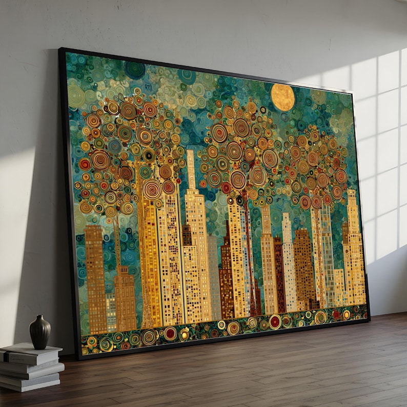 Gustav Klimt Cityscape, Abstract Trees Canvas, Modern Urban Wall Art ... - Gustav Klimt Mosaic Cityscape Canvas Sunset Reflection Wall Art