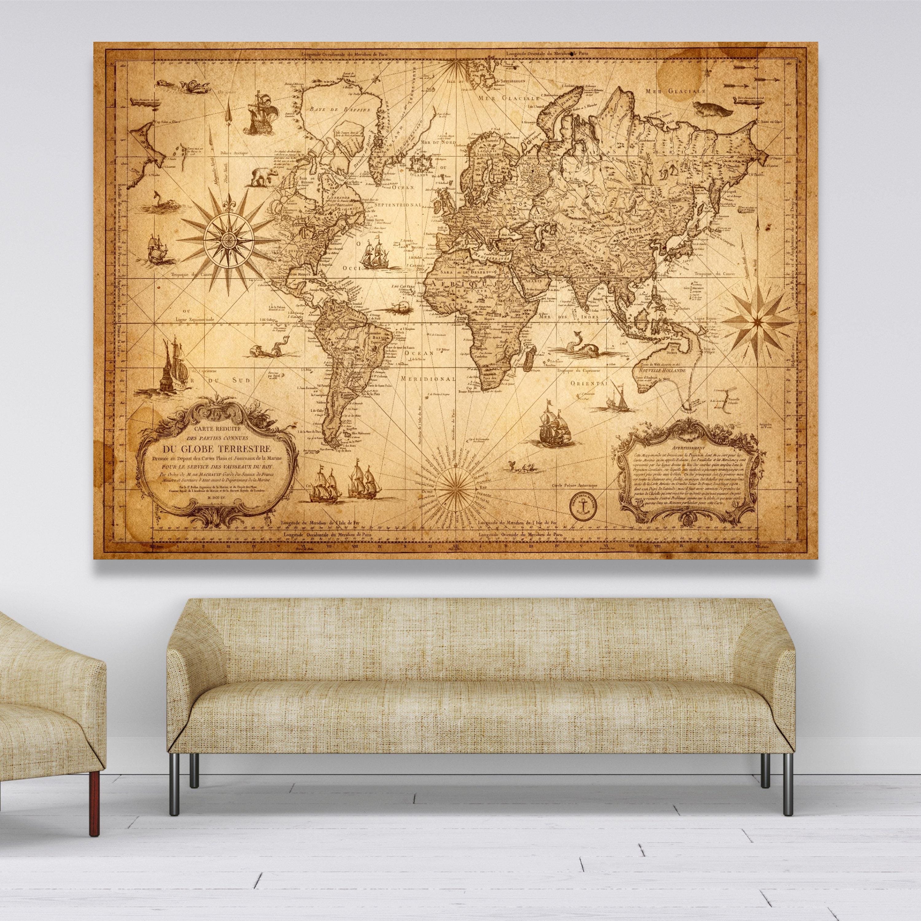 Vintage World Map Canvas, Antique Style Globe Wall Art, Nautical ...