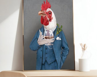 May include: A framed art print featuring a rooster in a blue suit, holding a glass of amber liquid. The rooster has a white head, red comb, and is wearing a blue suit with a pocket square and a pocket watch. The background is a solid gray.