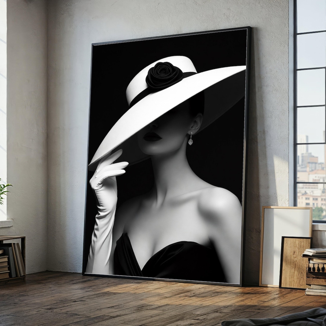 Elegant Woman in White Hat Canvas Wall Art, Black and White Fashion ...