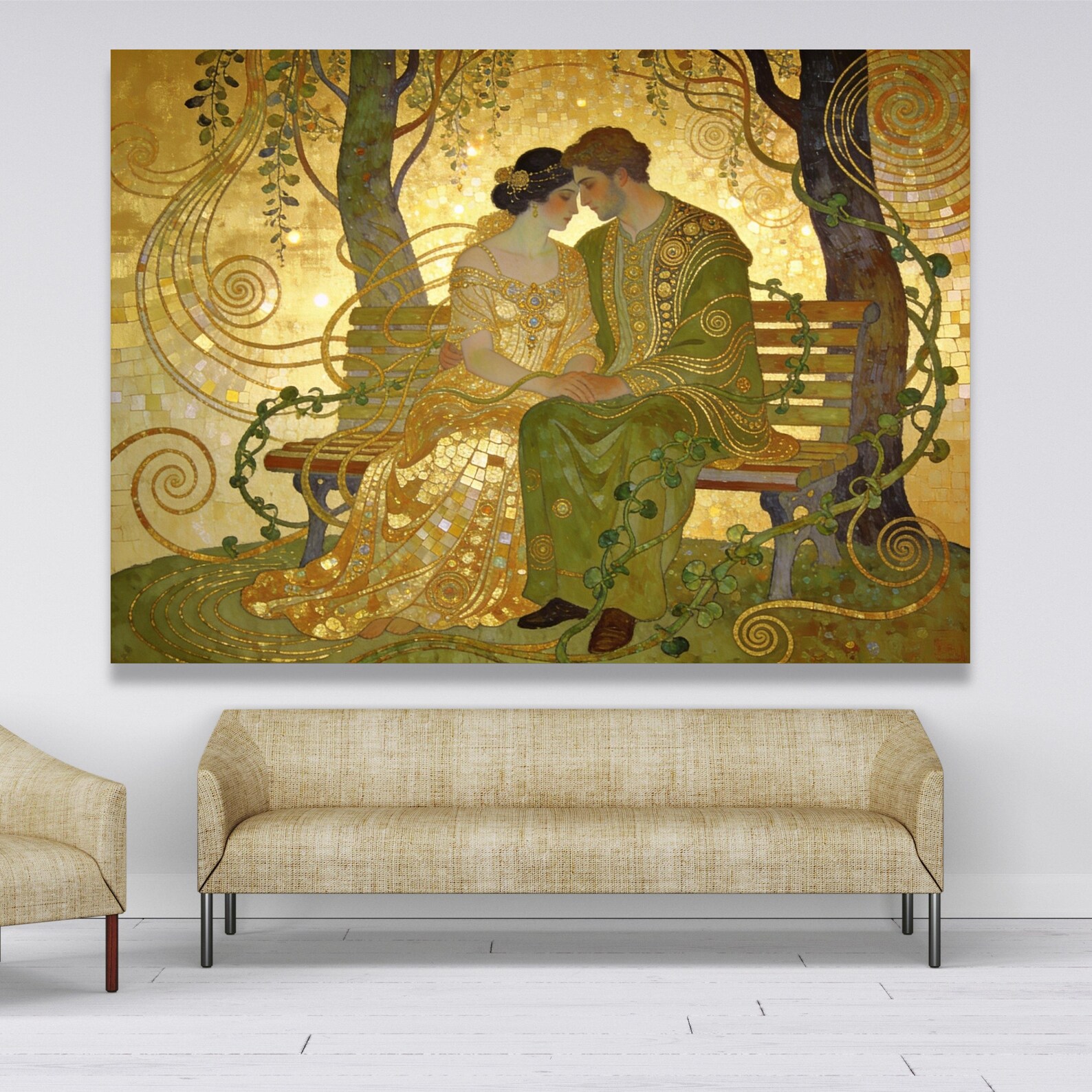 Gustav Klimt Romantic Couple on Bench Canvas, Golden Art Nouveau Wall ...