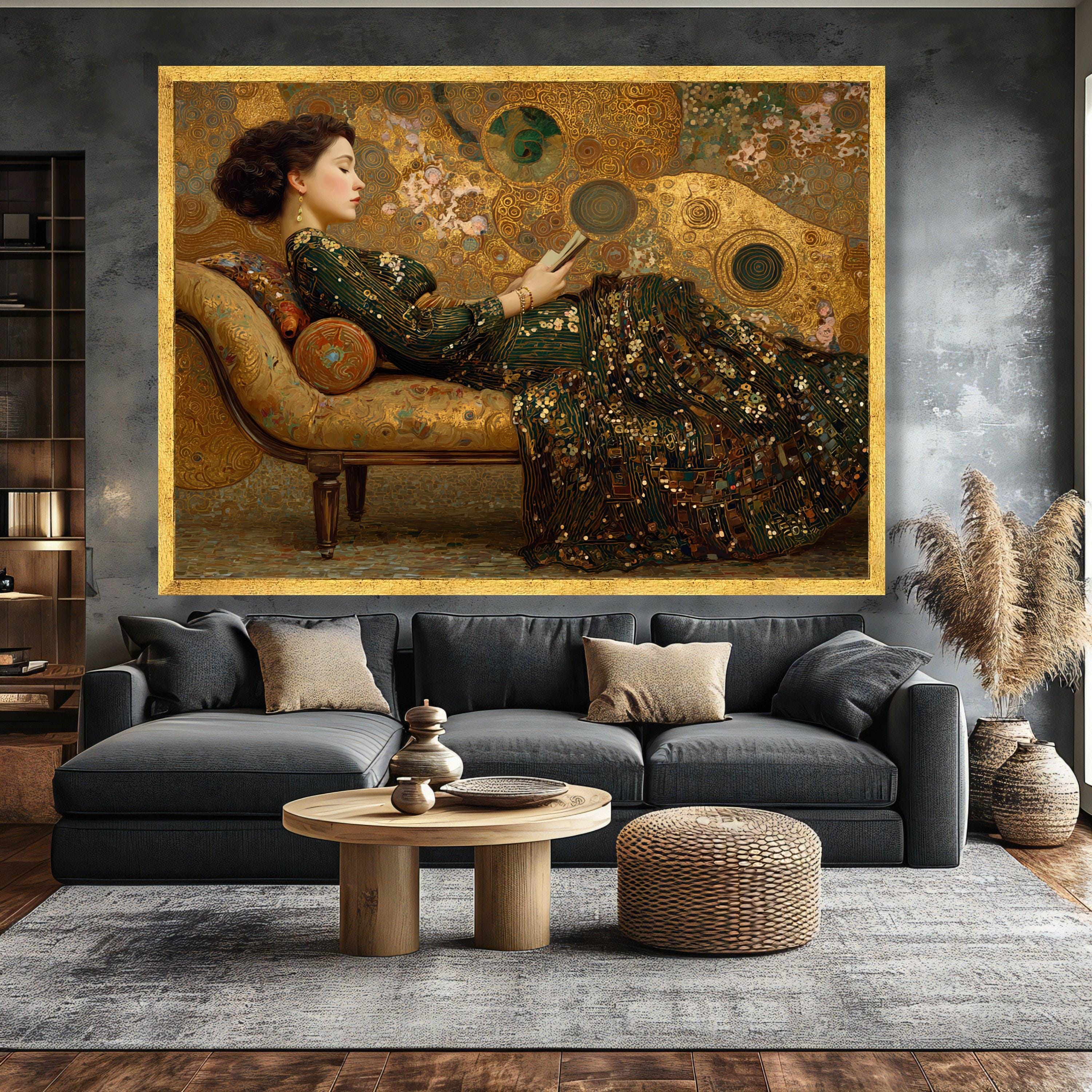 Gustav Klimt Woman Reading Canvas, Elegant Art Nouveau Wall Art, Gold ...