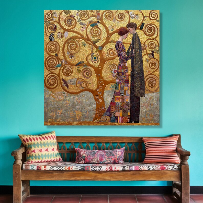 Gustav Klimt Tree of Life Canvas, Romantic Couple Wall Art, Gold Mosaic ...