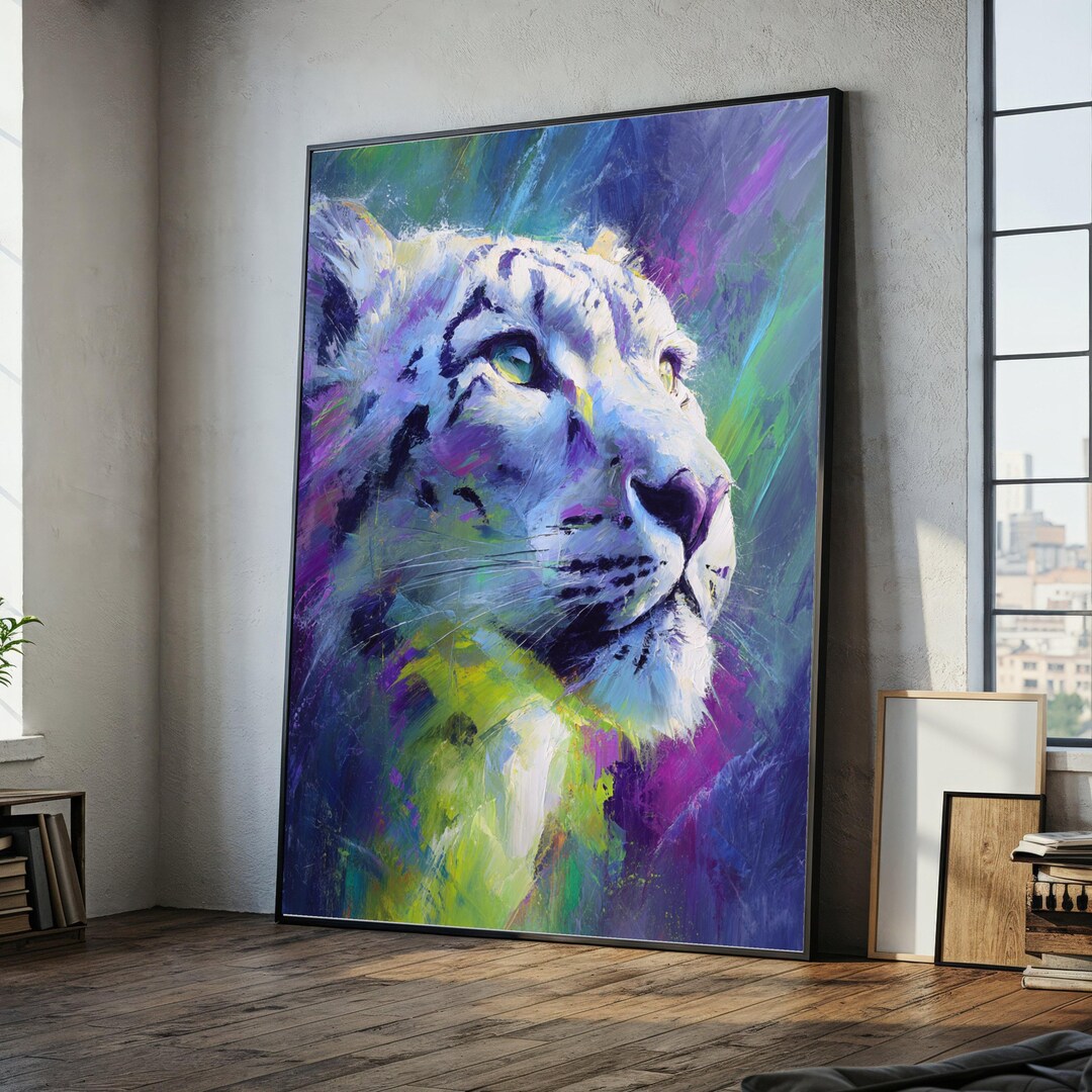Majestic Snow Leopard Canvas, Abstract Wildlife Wall Art, Colorful
