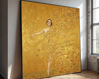 Gustav Klimt Golden Dancer Canvas Wall Art, Abstract Ballet Figure, Decorative Home Art, Modern Art Print, Ready to Hang