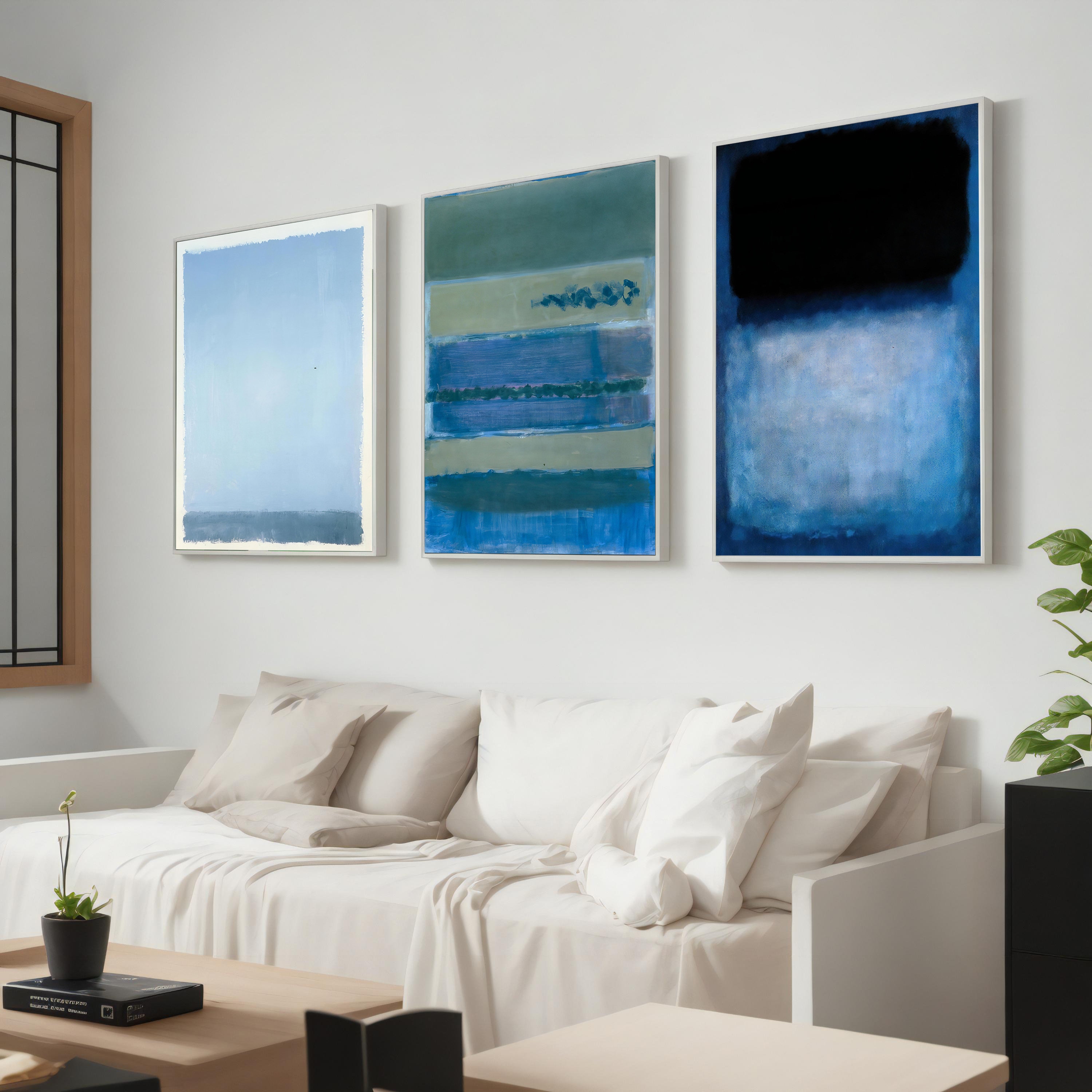 Mark Rothko Set Of 3 Canvas Blue Mix  Art Reproduction, Mark Rothko Reproduction, Abstract Canvas Wall Art, Modern Minimal Art