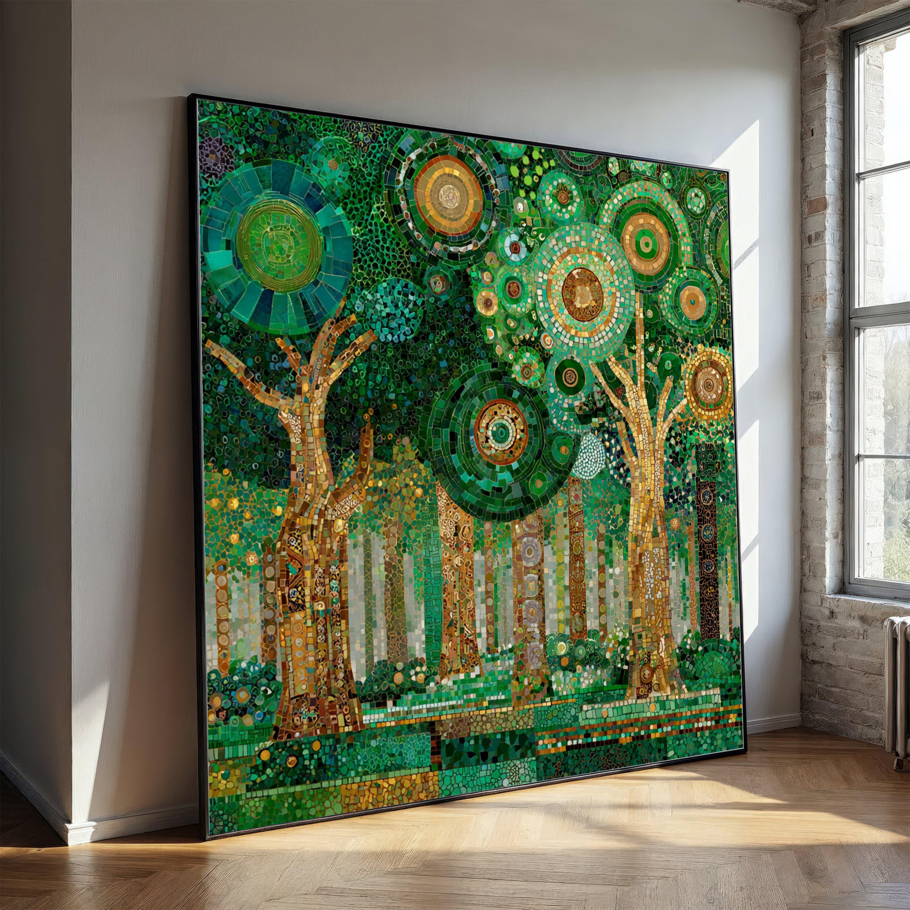 Gustav Klimt Forest Mosaic Canvas, Green and Gold Abstract Tree Art ...