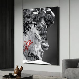 Graffiti-Tagged Classical Statue – Bold David-Inspired Urban Street Art Canvas Painting and Unique Gift for Art Lovers