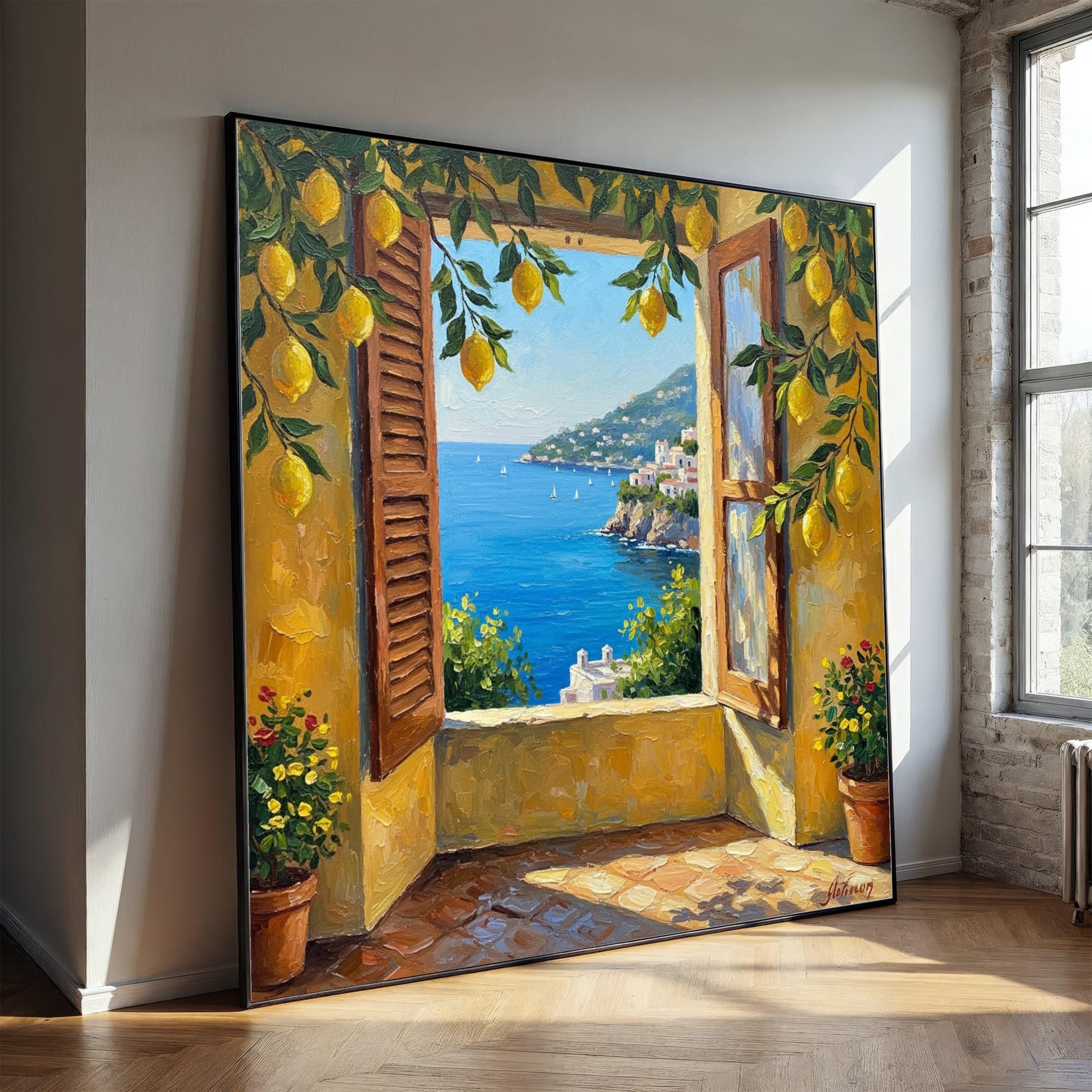 Mediterranean Seaside View, Lemon Tree Canvas, Open Window Wall