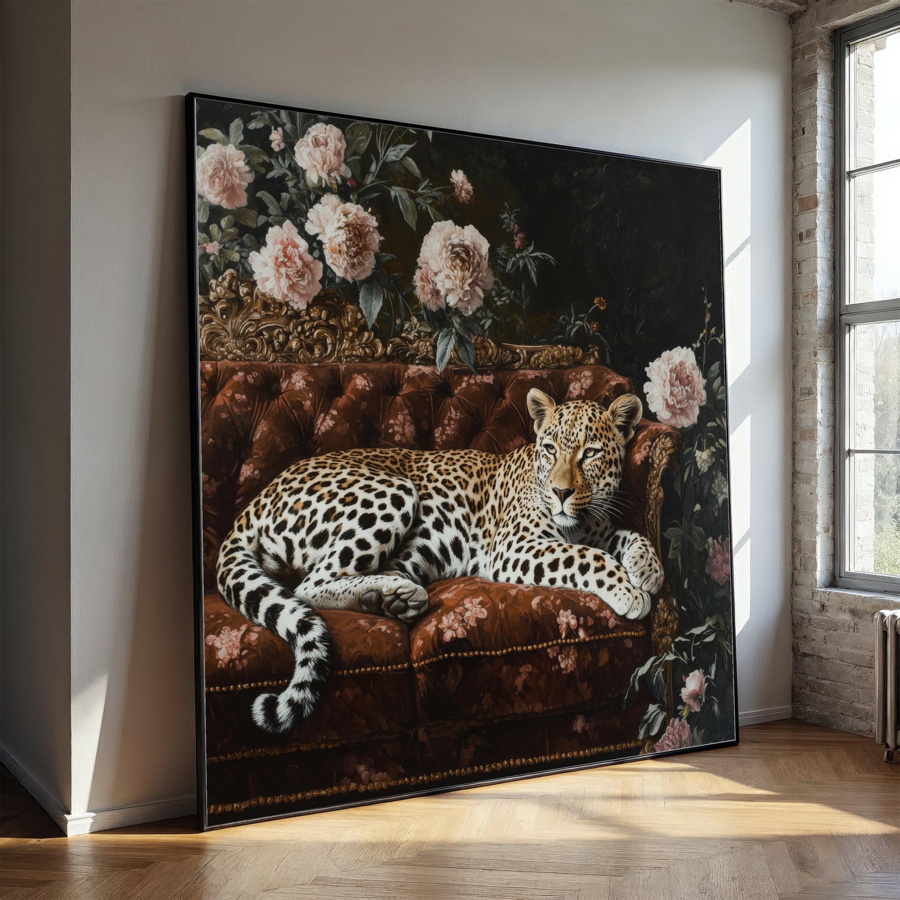ファブリックパネル ファブリックボード 『Leopard』 Elegant Leopard on Vintage Sofa Canvas, Floral Botanical Wall Art