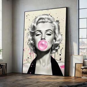 Marilyn Monroe Pop Art Wall Art | Iconic Black and White Portrait with Pink Bubblegum | Glam Retro Canvas Print for Modern Home Decor