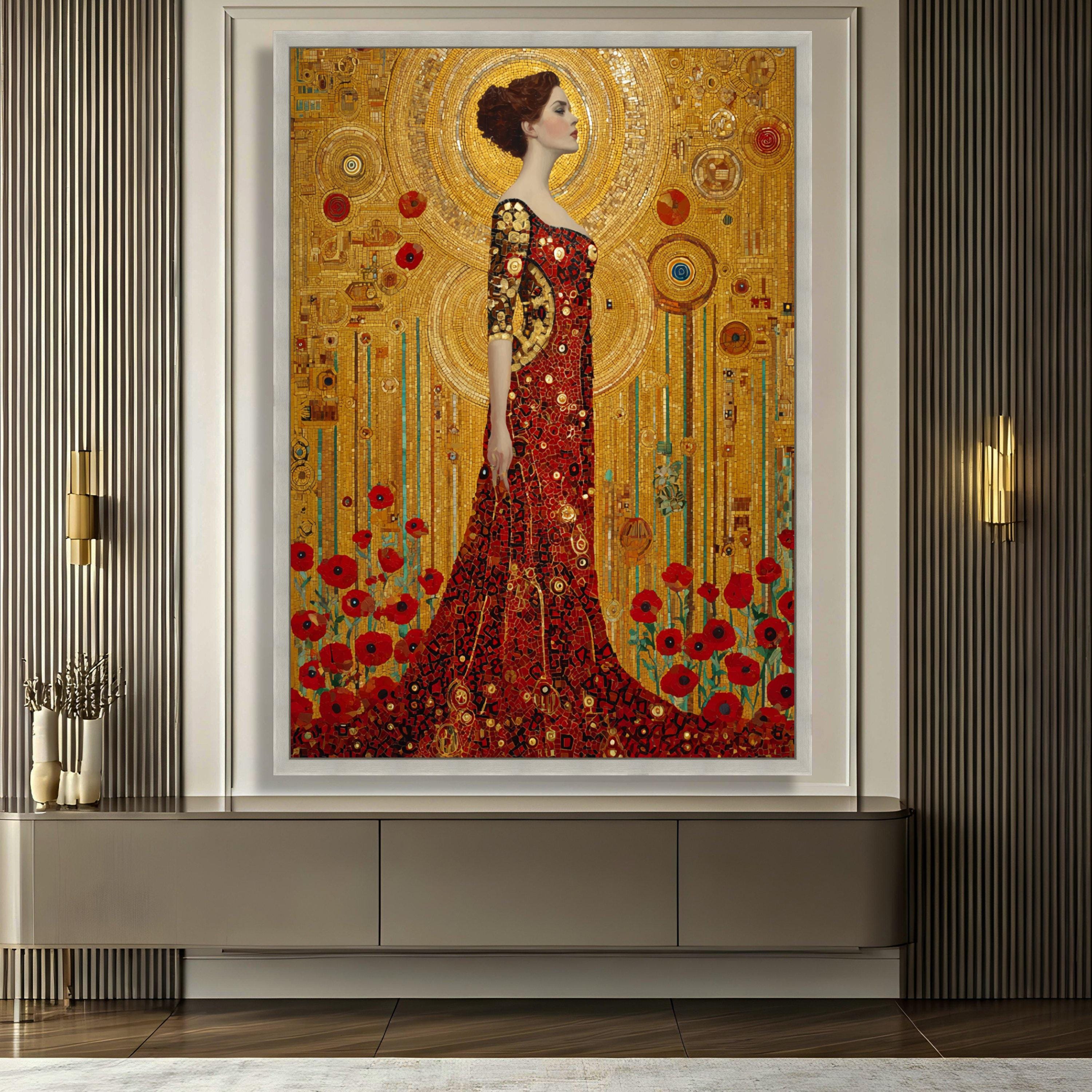 Gustav Klimt Woman in Red Dress Canvas Wall Art, Golden Mosaic Floral ...