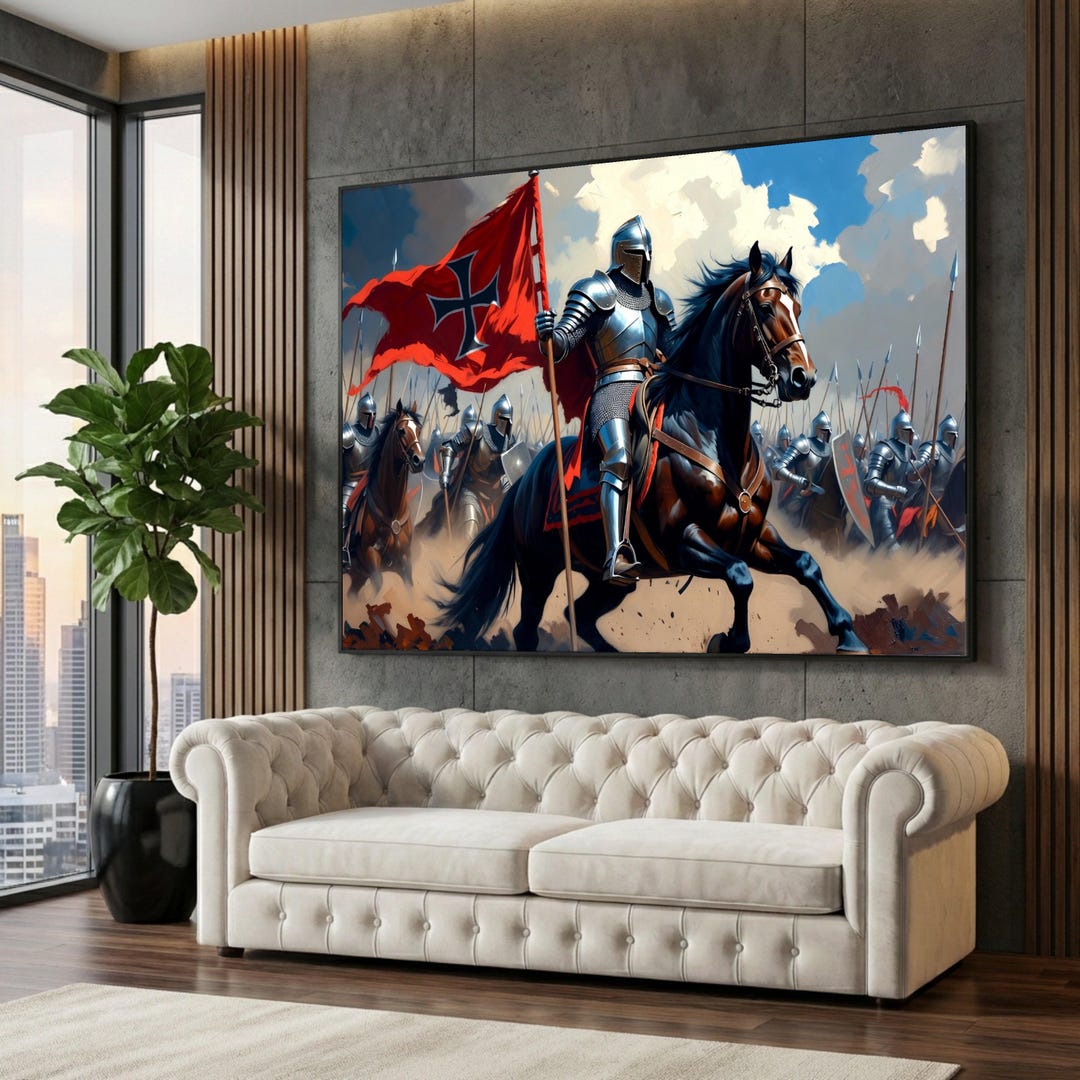 Medieval Knight on Horseback Canvas Wall Art, Historic Battle Scene ...