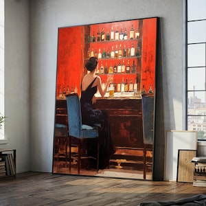 Elegant Bar Scene Canvas Painting – Woman in Black Dress Wall Art, Ready to Hang Gift, Romantic Nightlife Art for Modern Interiors