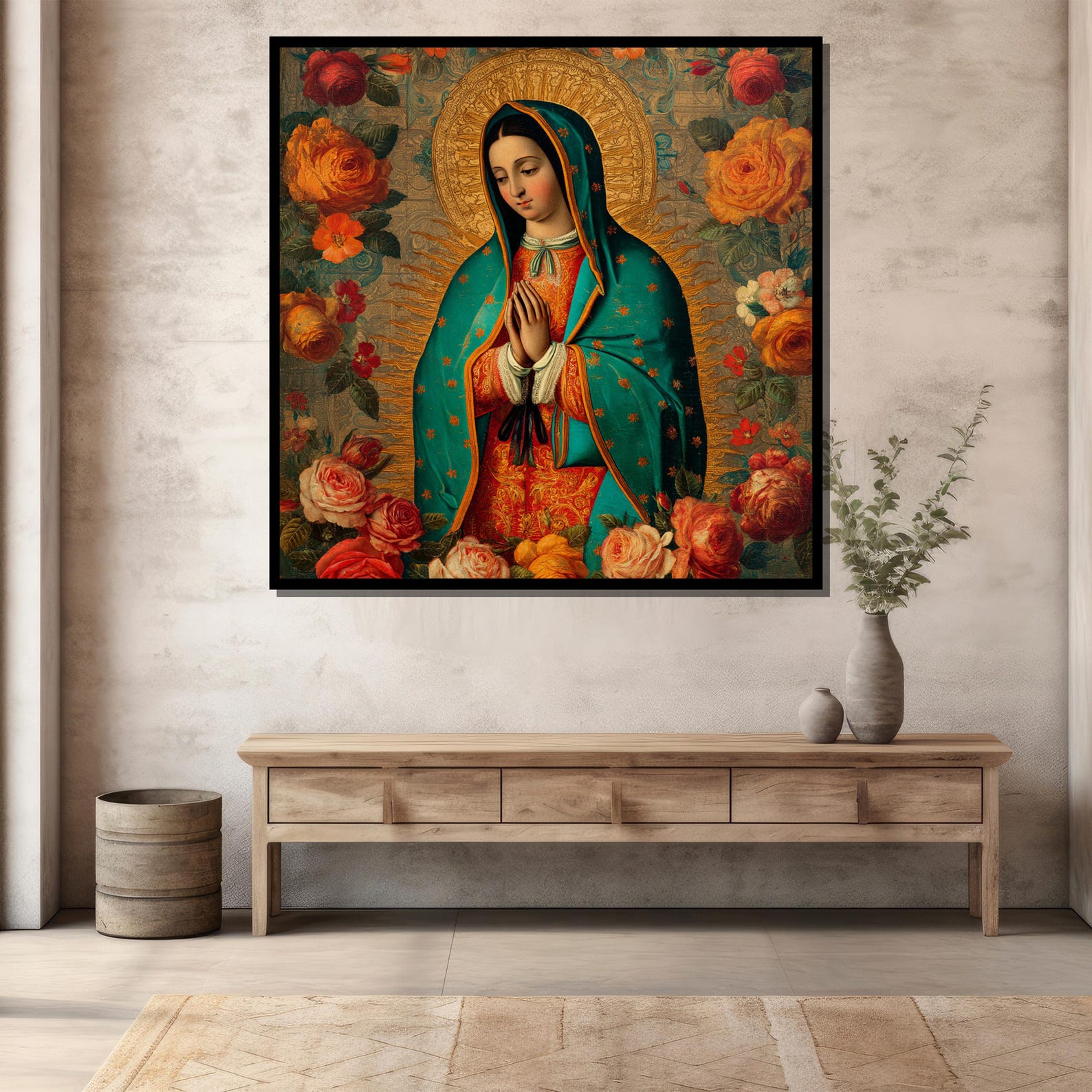 Virgin Mary of Guadalupe Canvas Painting – Floral Religious Wall Art ...