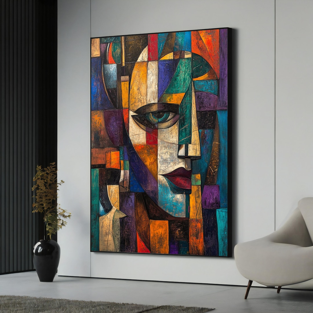 Abstract Cubist Face Canvas Painting – Bold Fragmented Portrait Art ...