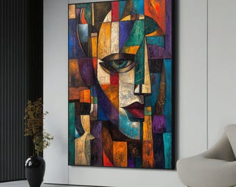 Abstract Cubist Face Canvas Painting – Bold Fragmented Portrait Art Gift for Modern Home Decor and Art Lovers