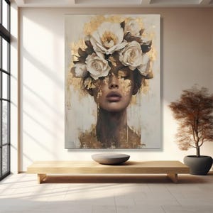 Elegant Woman Portrait With White Roses Canvas Wall Art, Modern Floral ...
