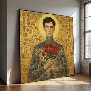 May include: Large framed art print featuring a portrait of a person holding red roses. The person is adorned in a decorative patterned garment. The background is a golden mosaic design. The artwork is displayed in a well-lit room.