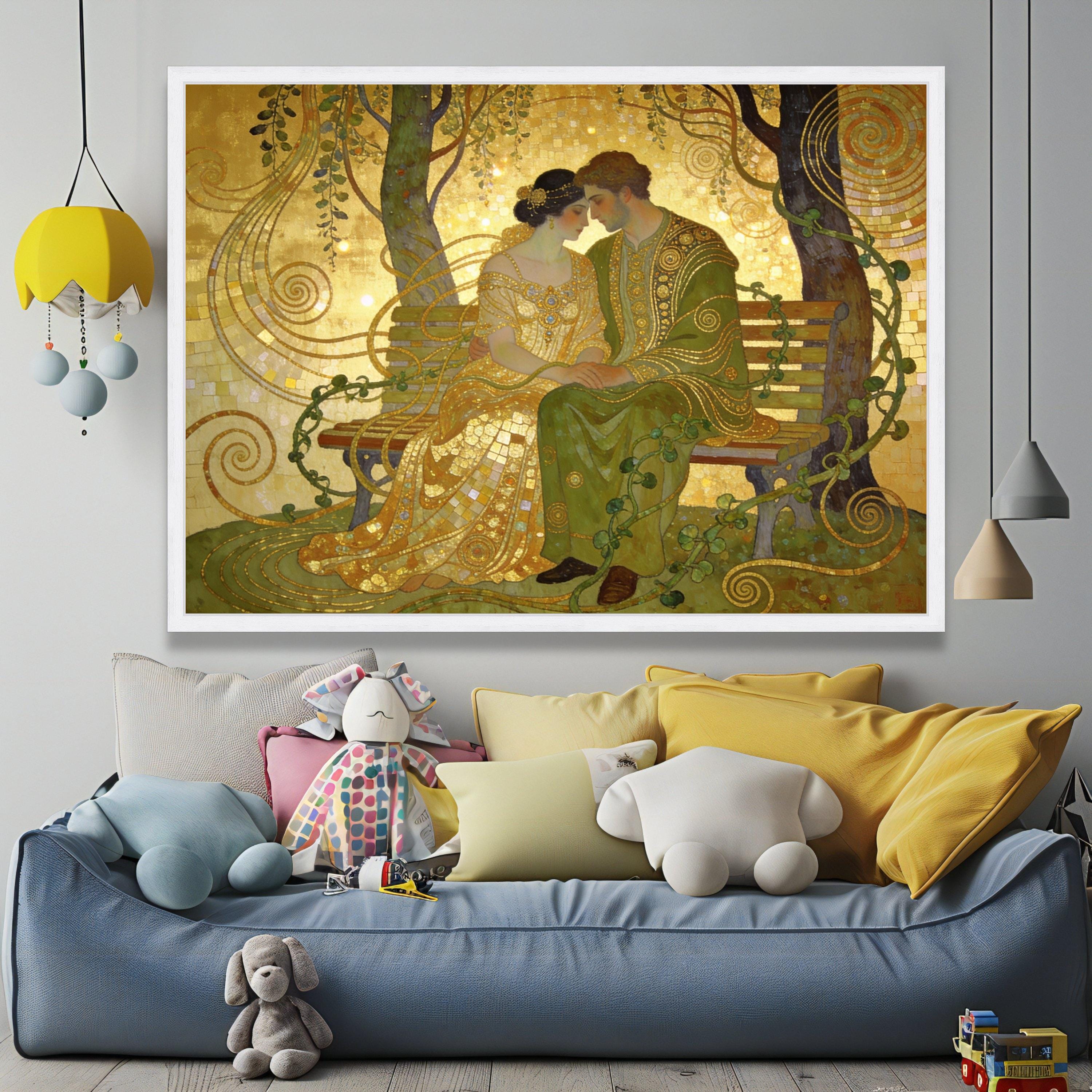 Gustav Klimt Romantic Couple on Bench Canvas, Golden Art Nouveau Wall ...