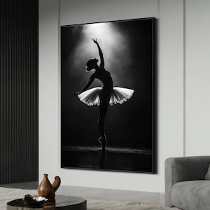 Graceful Ballerina Silhouette Canvas Painting – Elegant Black and White Dance Art, Perfect Gift for Ballet Lovers and Modern Home Decor