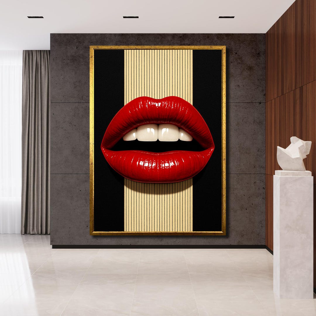 Minimalist Red Lips Canvas Painting Bold Mouth Art Gold Stripes Modern ...